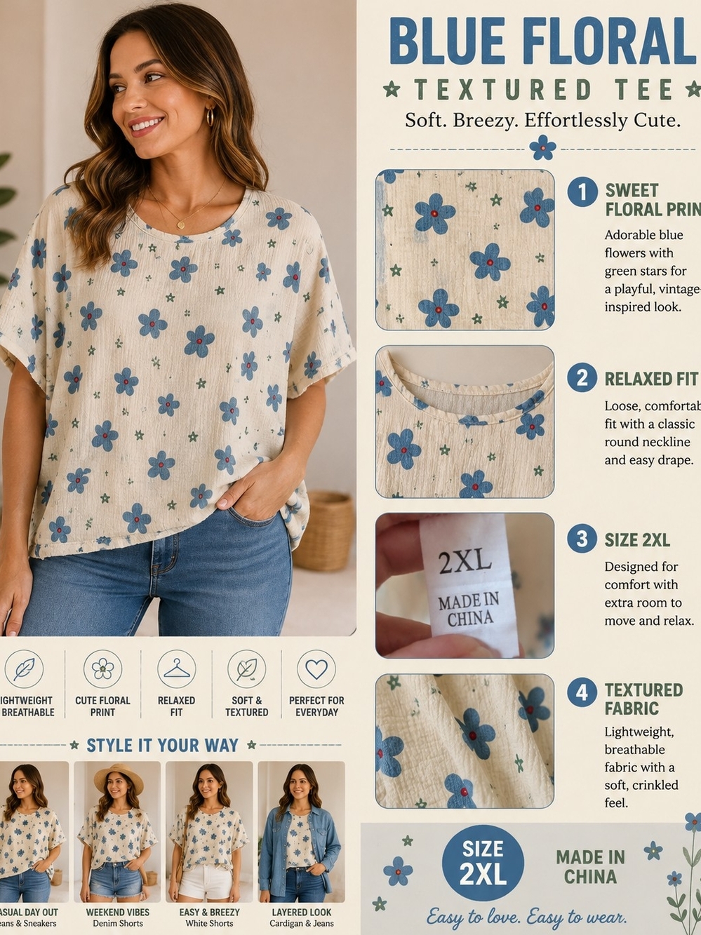 Blue Floral Textured Tee - Relaxed Fit Women's Top